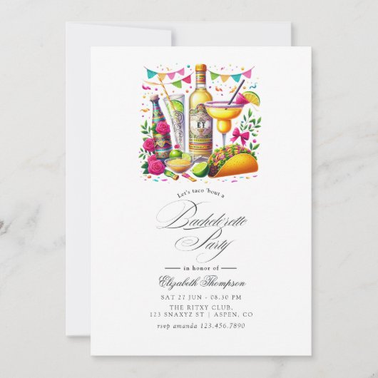 Kleurrijke Tacos & Tequila Fiesta Bachelorette Bas Kaart (Voorkant)