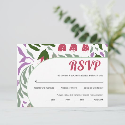 Kleurrijke takken en bloemen boho retro bruiloft RSVP kaartje (Staand voorkant)