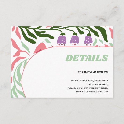 Kleurrijke takken, retro folklore stromen bruiloft informatiekaartje (Voorkant)