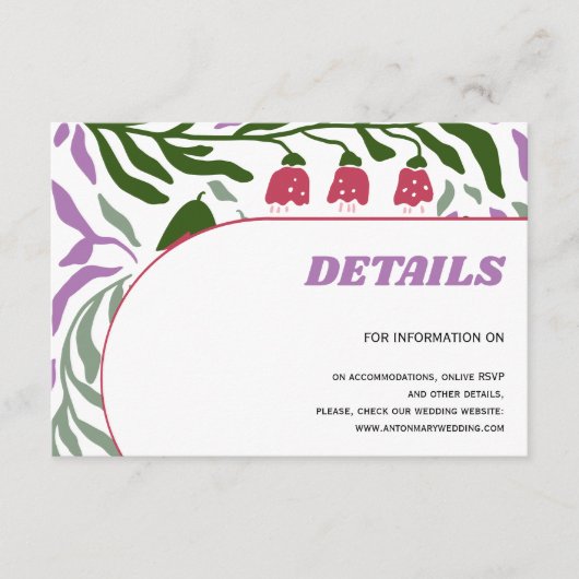 Kleurrijke takken, retro folklore stromen bruiloft informatiekaartje (Voorkant)