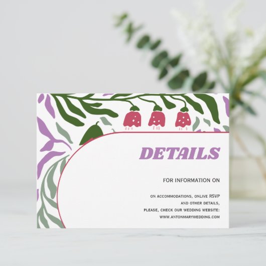 Kleurrijke takken, retro folklore stromen bruiloft informatiekaartje (Staand voorkant)