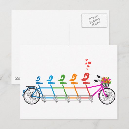 kleurrijke tandem fiets met schattige vogelfamilie briefkaart (Voorkant / Achterkant)