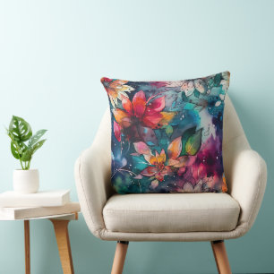Kleurrijke Teal Oranje Waterverf Bloemen Kussen