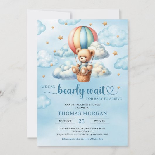 Kleurrijke teddybeer wacht op Boy Baby shower Kaart (Voorkant)