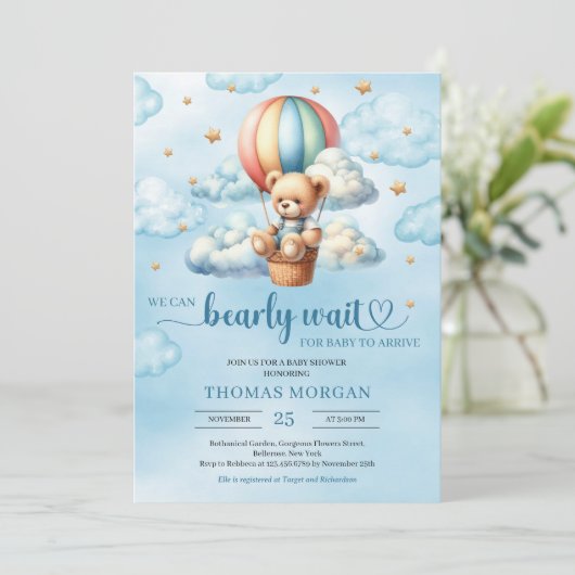 Kleurrijke teddybeer wacht op Boy Baby shower Kaart (Staand voorkant)