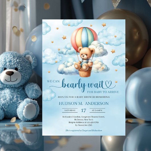 Kleurrijke teddybeer wacht op Boy Baby shower Kaart