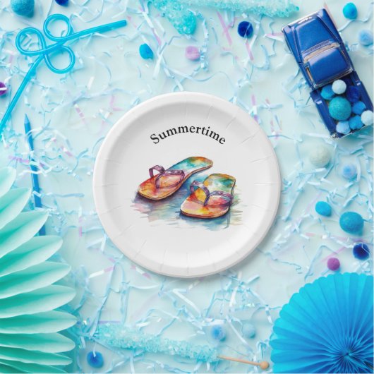 Kleurrijke teenslippers waterverf aanpasbaar papieren bordje (Feest)