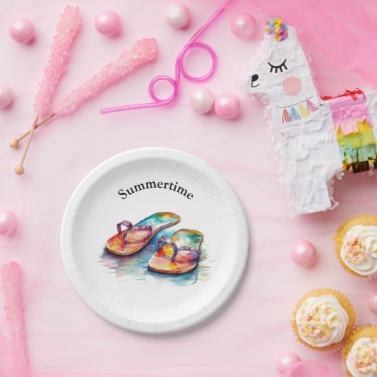 Kleurrijke teenslippers waterverf aanpasbaar papieren bordje (Feest)