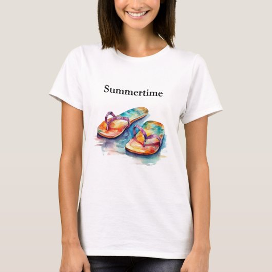 Kleurrijke teenslippers waterverf aanpasbaar t-shirt (Voorkant)