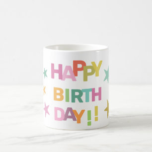 Kleurrijke tekst en sterren Happy Birthday Koffiemok