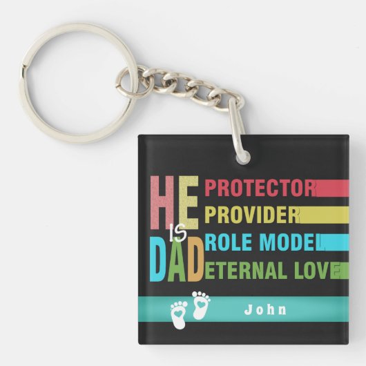 Kleurrijke tekst Hij is PA, Vaderdag Gift Sleutelhanger (voorkant)