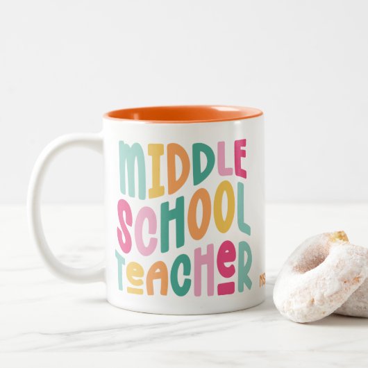 Kleurrijke tekst voor docenten middelbare school tweekleurige koffiemok (Met donut)