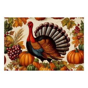 Kleurrijke  Thanksgiving Oogst en Turkije Perfect Poster