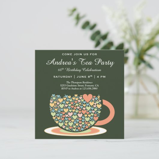 Kleurrijke  theebeker | Green Birthday Tea Party Kaart (Staand voorkant)