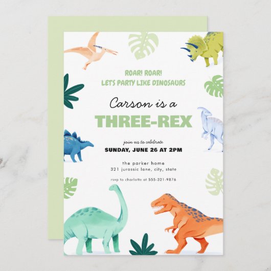Kleurrijke Three-Rex dinosaurus verjaardagsuitnodi Kaart (Voorkant / Achterkant)