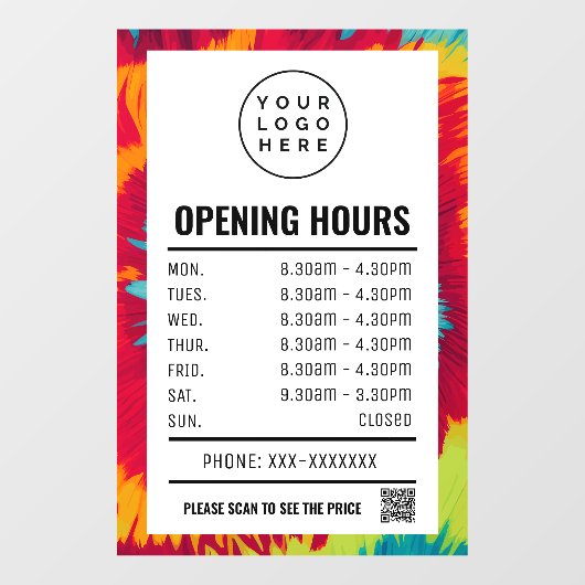 Kleurrijke Tie Dye openingstijden met QR code Raamsticker (Vel)