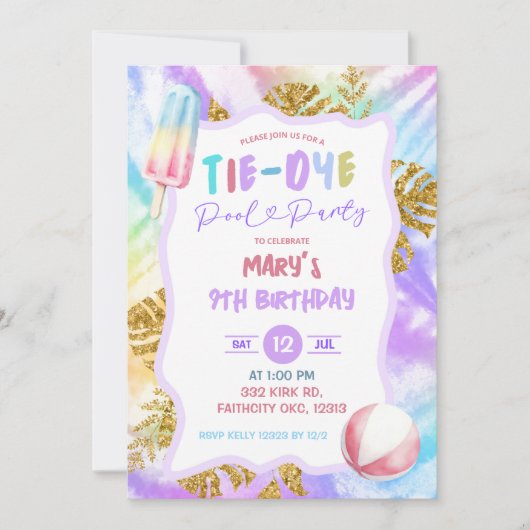 Kleurrijke Tie Dye Pool Party uitnodiging (Voorkant)