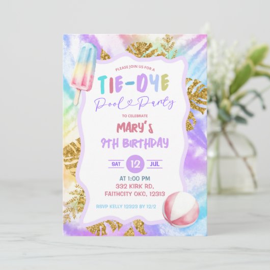 Kleurrijke Tie Dye Pool Party uitnodiging (Staand voorkant)