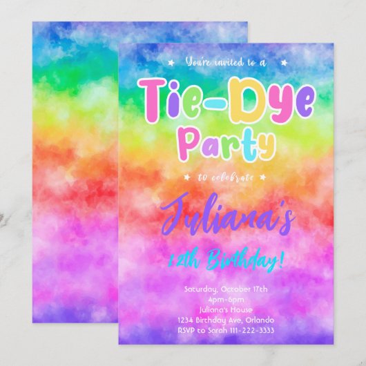 Kleurrijke Tiedye Verjaardagsfeestuitnodiging Kaart (Voorkant / Achterkant)