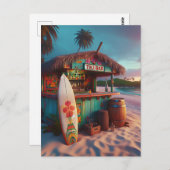 Kleurrijke Tiki Bar en surfplank op het strand Briefkaart (Voorkant / Achterkant)