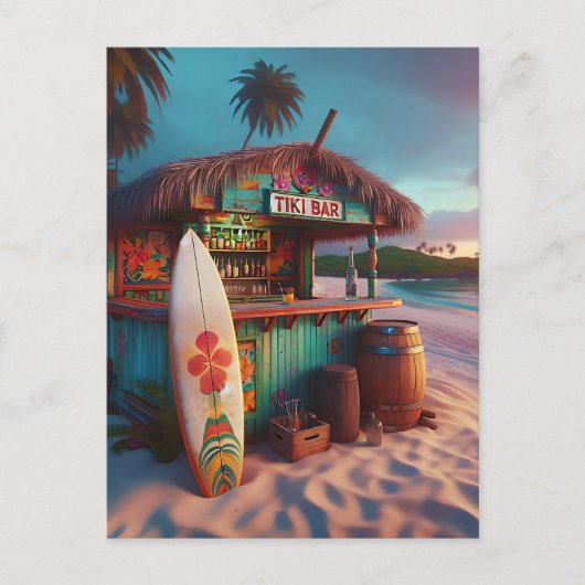 Kleurrijke Tiki Bar en surfplank op het strand Briefkaart (Voorkant)