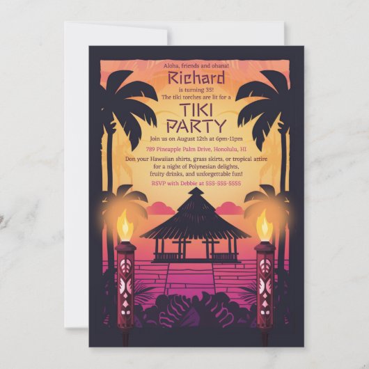 Kleurrijke Tiki Hawaiian verjaardagsfeestuitnodigi Kaart (Voorkant)