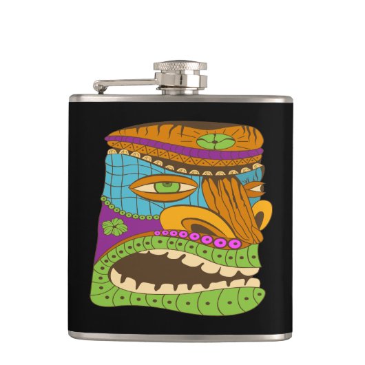 Kleurrijke Tiki Head in Exotic Mood, Grappig Zwart Heupfles (Voorkant)