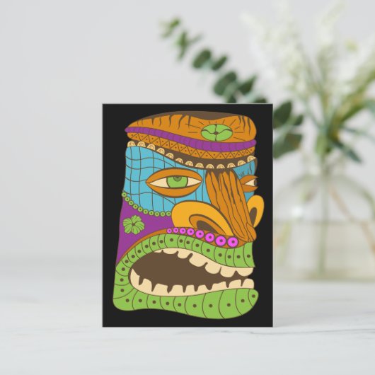 Kleurrijke Tiki Head in Exotic Mood, Zwart Briefkaart (Staand voorkant)