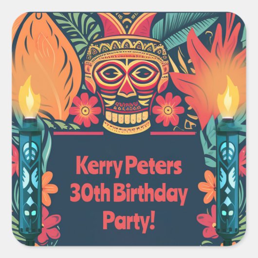 Kleurrijke Tiki Luau Skull Achtertuin Verjaardagsf Vierkante Sticker (Voorkant)