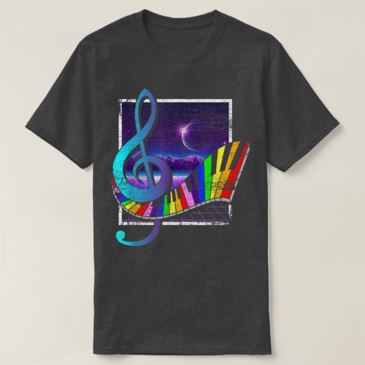 Kleurrijke toetsenborden Treble Clef 90s Synthwave T-shirt (Design voorkant)