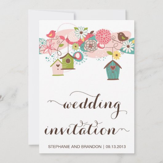 Kleurrijke Tortelduifjes en vogelwoningen uitgenod Kaart (Achterkant)