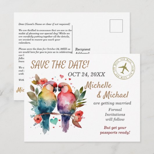 Kleurrijke Tortelduifjes, sla de datum op Airmail Feestdagenkaart (Voorkant / Achterkant)