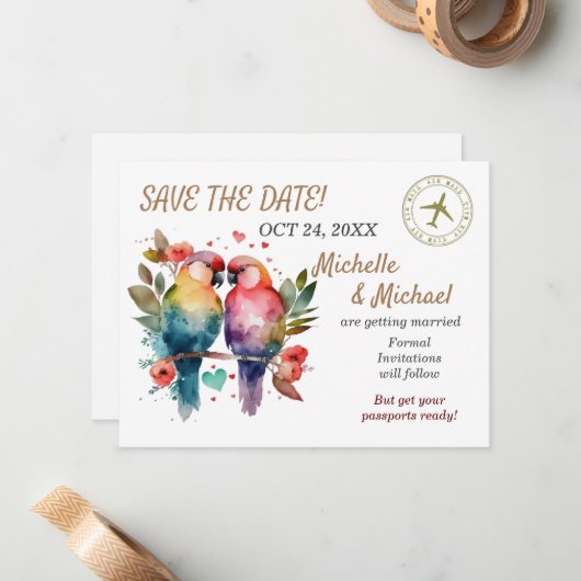 Kleurrijke Tortelduifjes, sla de datum op Notitiekaartje (Voorkant / Achterkant in situ)