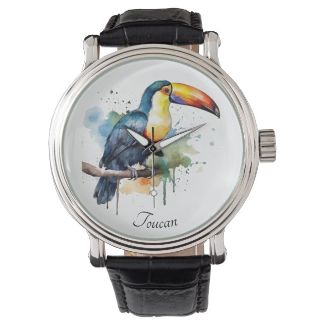 Kleurrijke toucan zittend op een tak, aanpasbaar horloge (Voorkant)