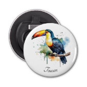 kleurrijke touroperator die op een tak zit button flesopener (Voorkant)