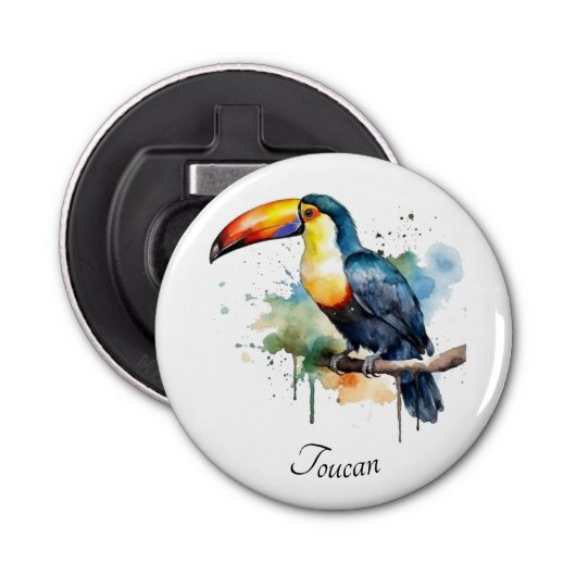 kleurrijke touroperator die op een tak zit button flesopener (Voorkant)