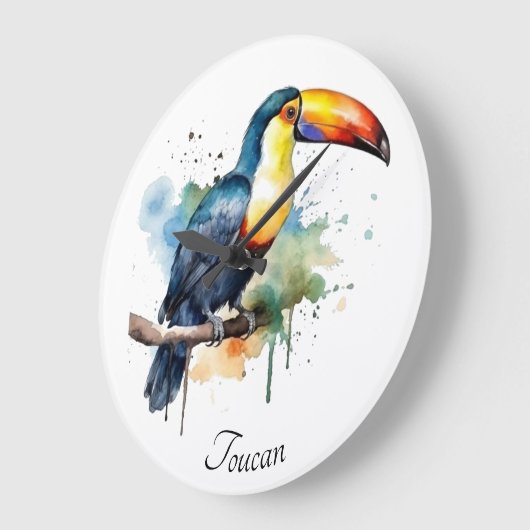 kleurrijke touroperator die op een tak zit grote klok (Hoek)