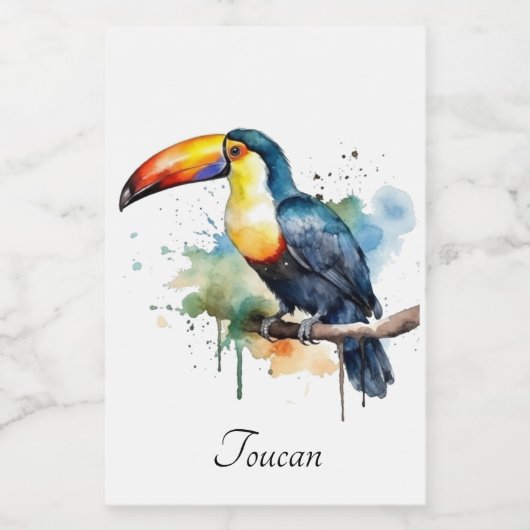 kleurrijke touroperator die op een tak zit voedselcontainer etiket (Enkel label)