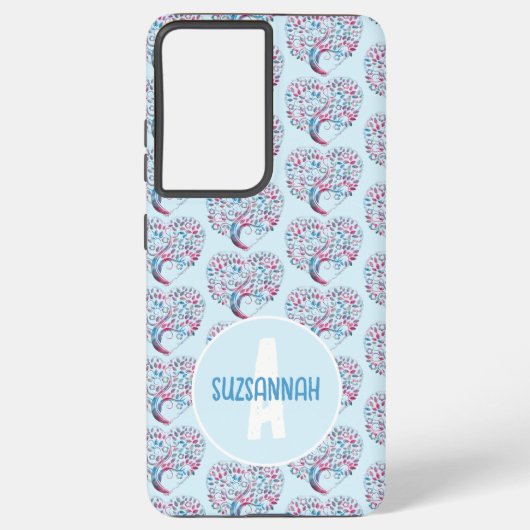 Kleurrijke Tree Heart Pattern Pastel Blu Monogram Samsung Galaxy Hoesje (Achterkant)
