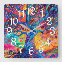 Kleurrijke Tree of Life Rainbow Serenity Natuur Ar Vierkante Klok