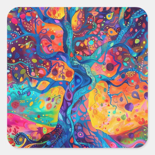 Kleurrijke Tree of Life Rainbow Serenity Natuur Ar Vierkante Sticker (Voorkant)
