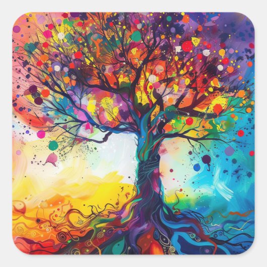 Kleurrijke Tree of Life Rainbow Serenity Natuur Ar Vierkante Sticker (Voorkant)