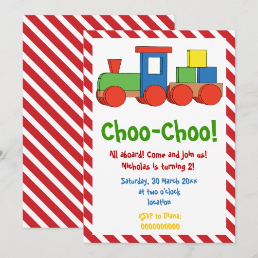 Kleurrijke trein kinderen verjaardag, rode witte s kaart (Voorkant / Achterkant)