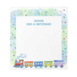 Kleurrijke trein thema gepersonaliseerde mitswa notitieblok