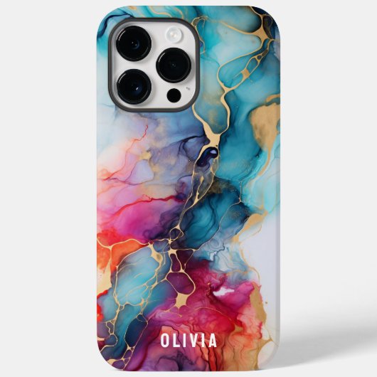 Kleurrijke Trendy Alcohol Ink Textuur Cyaan Goud Case-Mate iPhone Case (Achterkant)