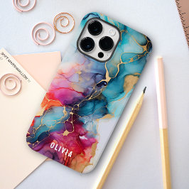 Kleurrijke Trendy Alcohol Ink Textuur Cyaan Goud Case-Mate iPhone 14 Pro Max Hoesje