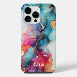Kleurrijke Trendy Alcohol Ink Textuur Cyaan Goud iPhone 14 Pro Max Hoesje