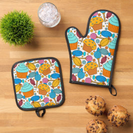 Kleurrijke trendy cupcake, lolly en snoep ovenwant & pannenlap set