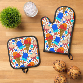 Kleurrijke trendy ijsjes, hart en stip ovenwant & pannenlap set