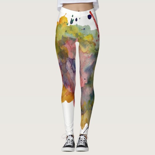Kleurrijke, trendy warme Abstracte Waterverf spatt Leggings (Voorkant)